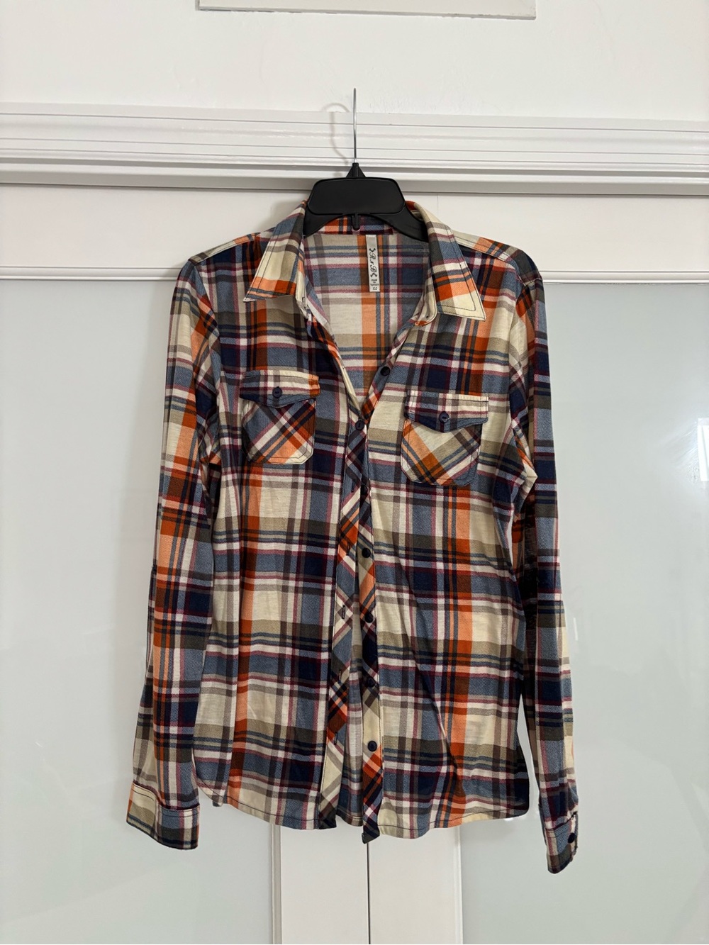 Women’s Plaid Button-Up Shirt - Navy, Orange & Cream